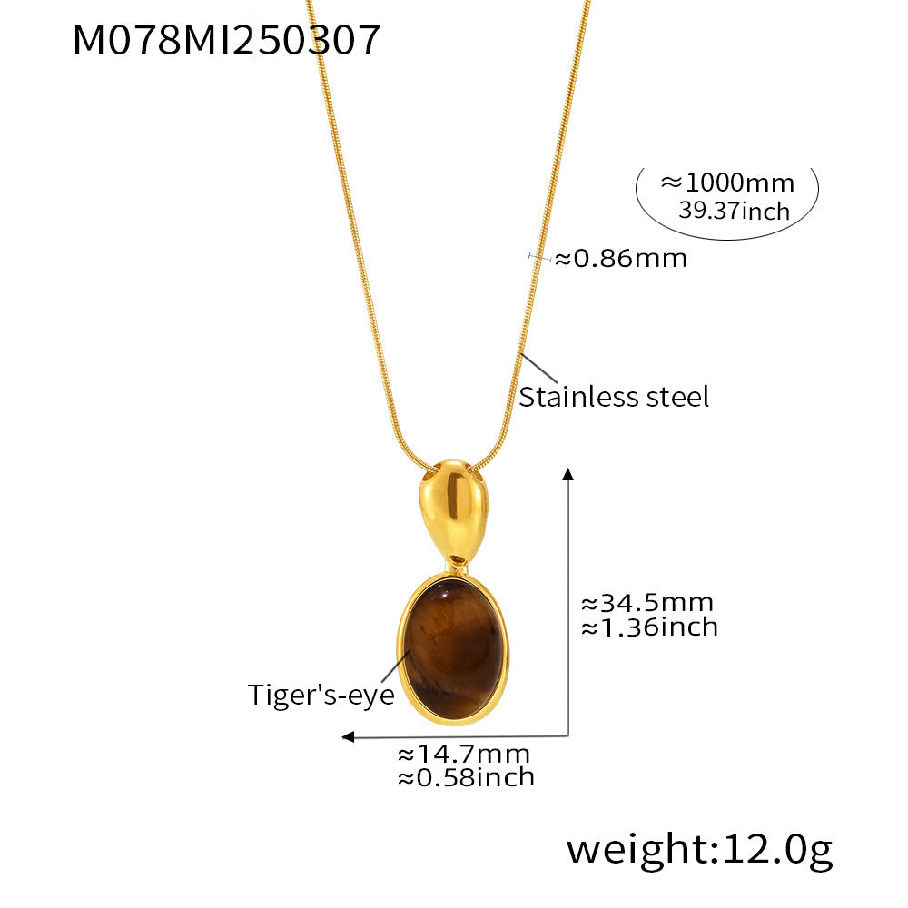 CC14 🌟 Oval Tiger’s Eye & Agate Pendant Necklace – Stainless Steel Long Chain