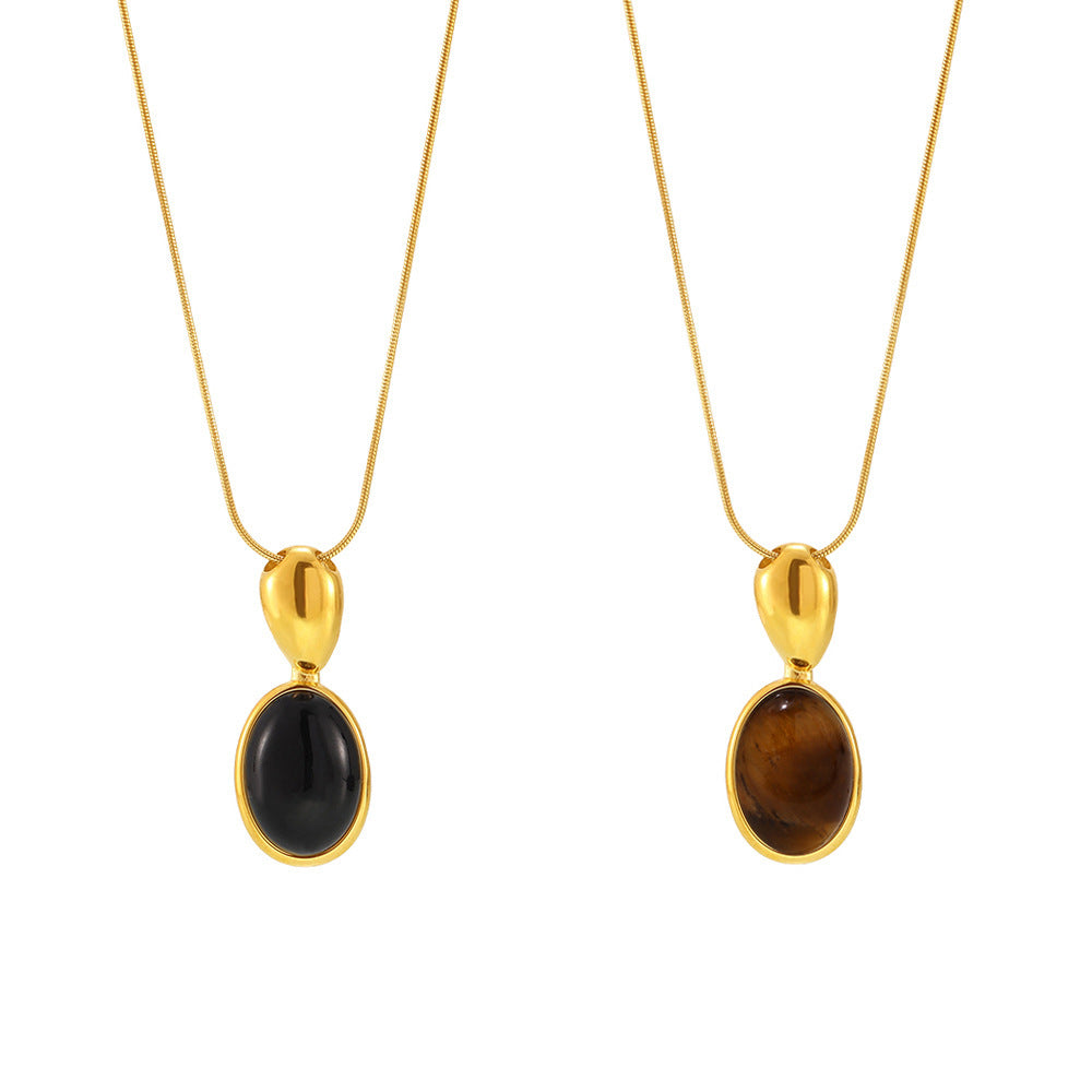 CC14 🌟 Oval Tiger’s Eye & Agate Pendant Necklace – Stainless Steel Long Chain