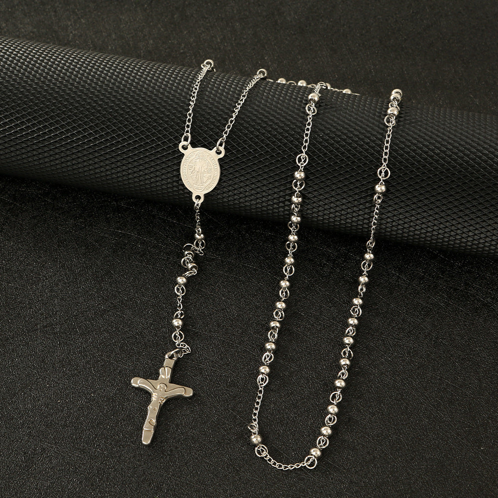 GP18 ✝️ Stainless Steel Rosary Necklace – Saint Benedict Crucifix Design