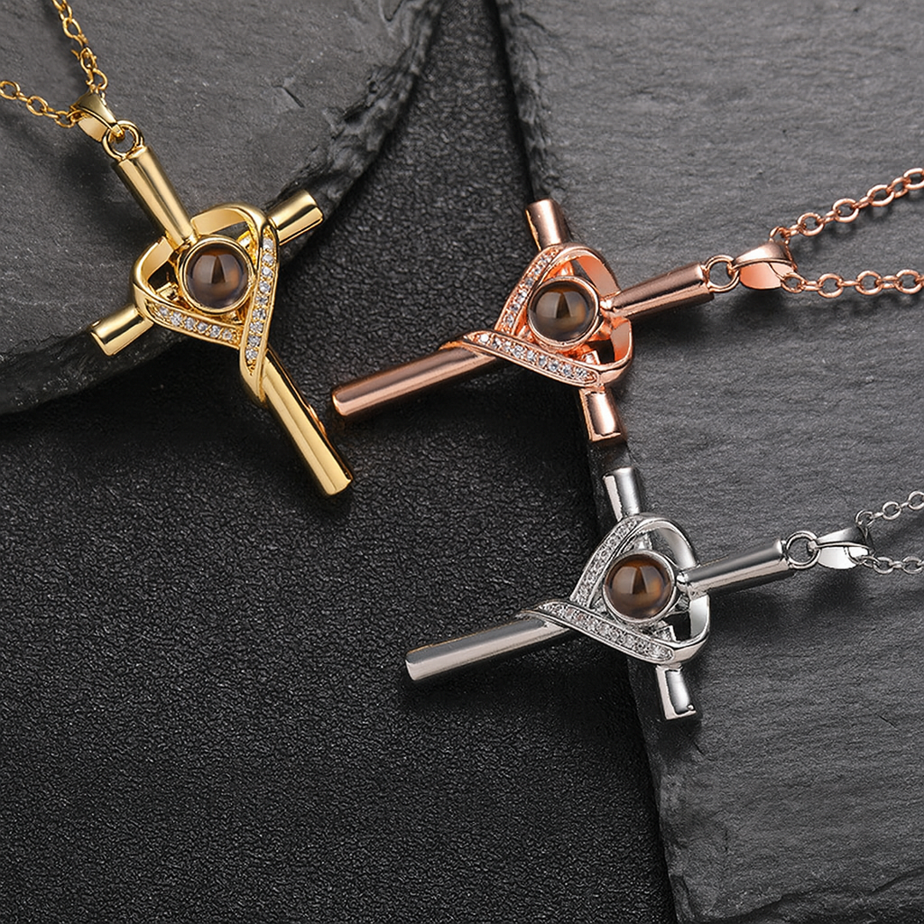 PX11 - Cross & Heart Projection Necklace – Hidden Photo Keepsake (Gold / Silver / Rose Gold)