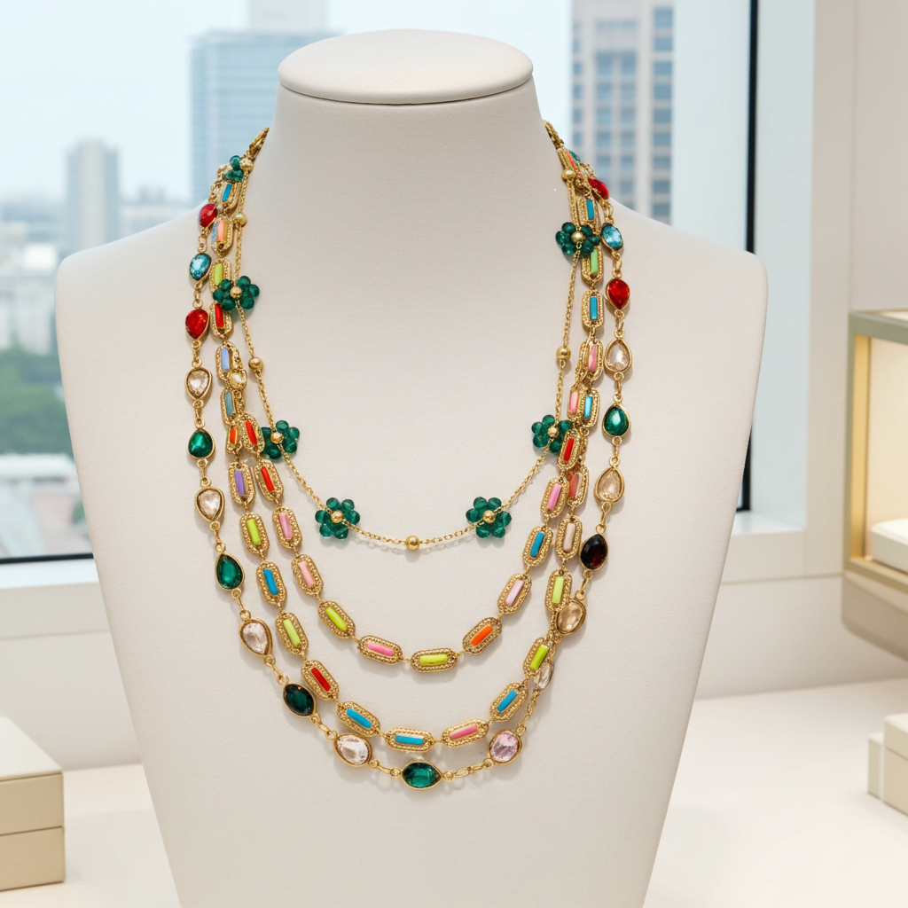 GP21 - Radiant Layered Gemstone Necklace – Triple Chain with Floral Accents