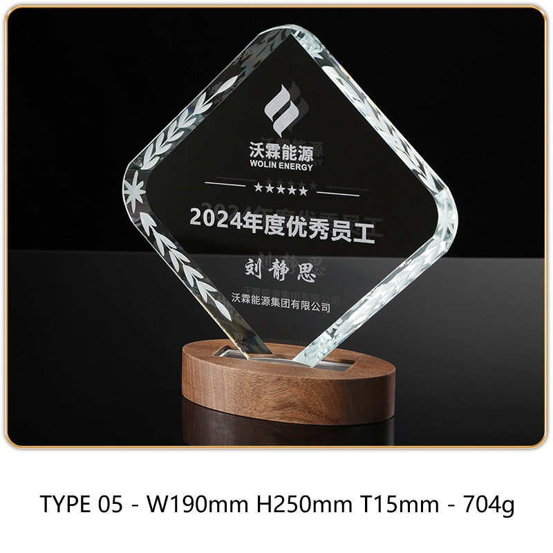 SP09 - Personalized Crystal Trophy with Wooden Base – Custom Engraved Award