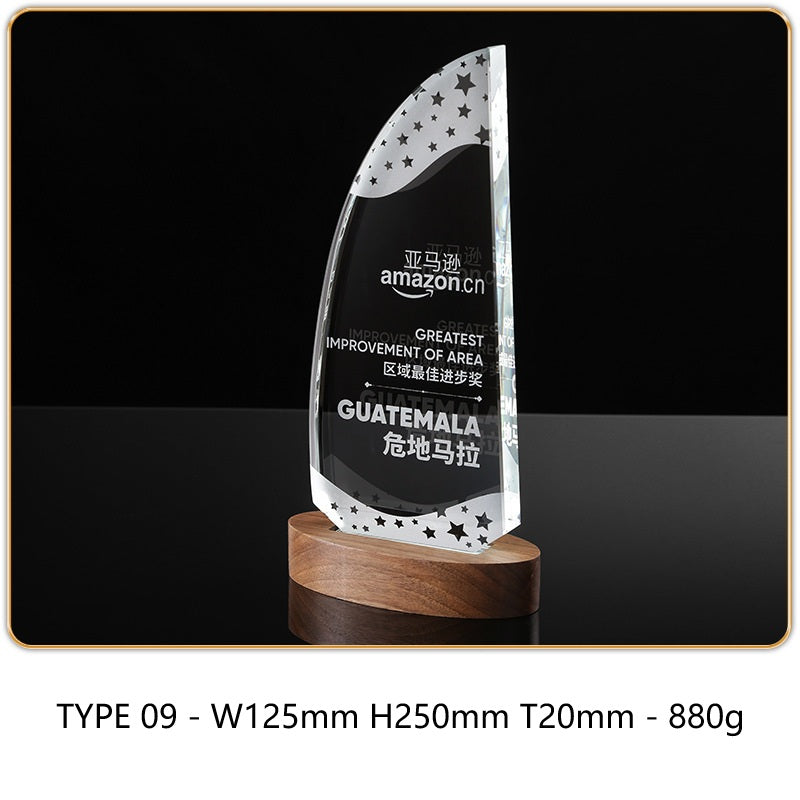 SP09 - Personalized Crystal Trophy with Wooden Base – Custom Engraved Award