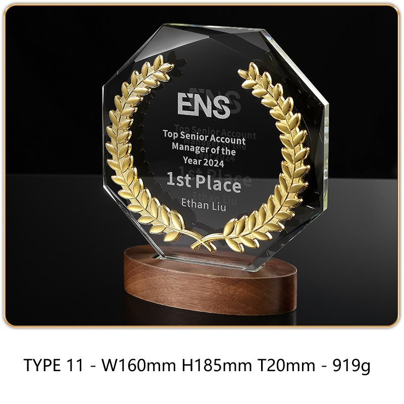 SP09 - Personalized Crystal Trophy with Wooden Base – Custom Engraved Award