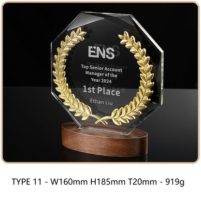 SP09 - Personalized Crystal Trophy with Wooden Base – Custom Engraved Award