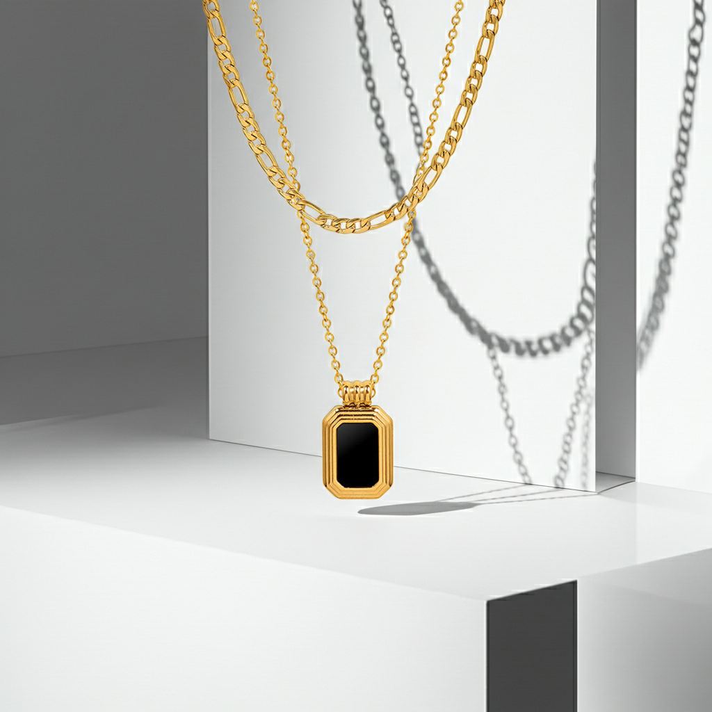 GP10 - Vintage Black Onyx Pendant Layered Necklace