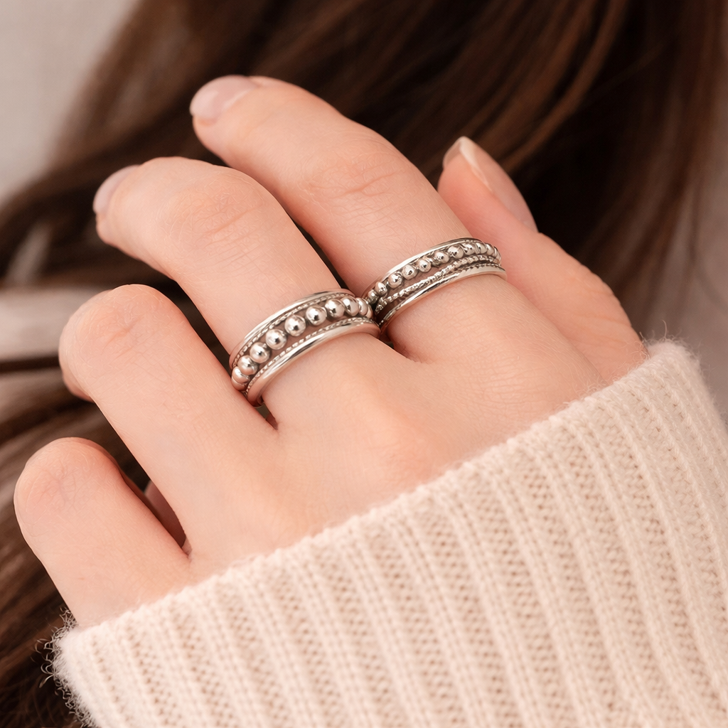 CC09 - 925 Sterling Silver Beaded Open Ring Set (Pair) – Adjustable Minimalist Couple Rings