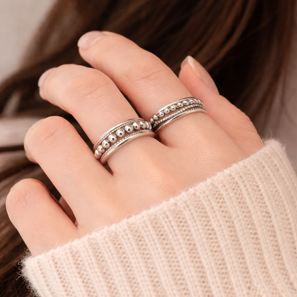 CC09 - 925 Sterling Silver Beaded Open Ring Set (Pair) – Adjustable Minimalist Couple Rings