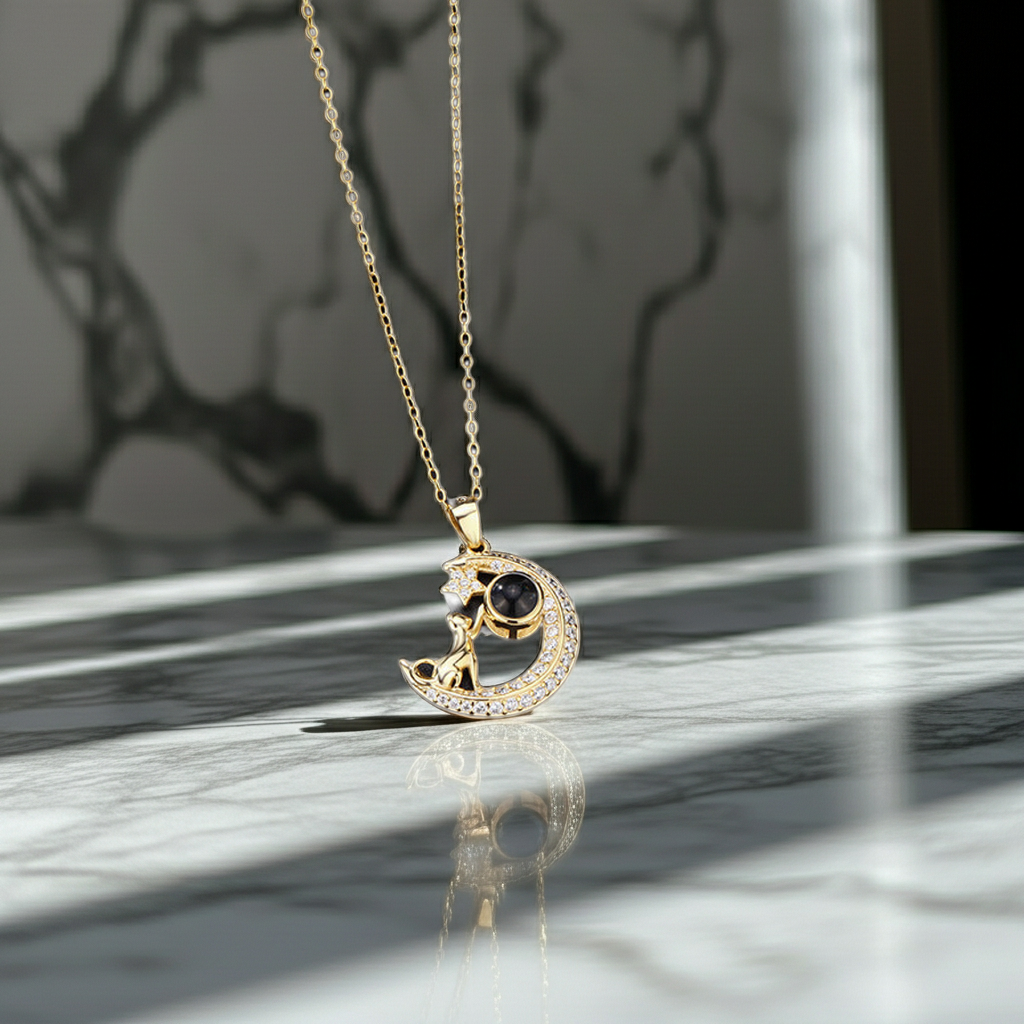 PXS104 - “Reach for the Stars” Moon & Dog Photo Projection Necklace