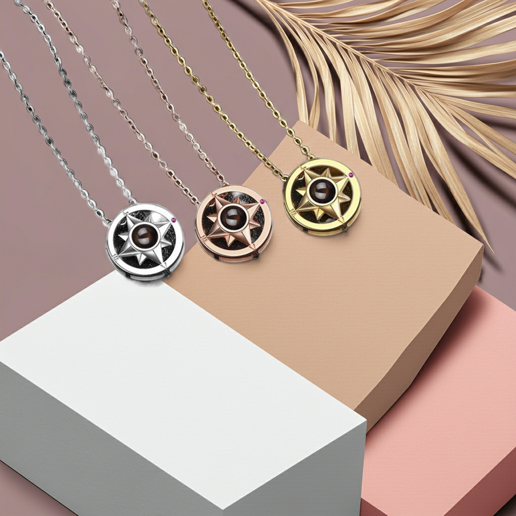 PX14 - Compass Projection Necklace - Silver, Rose Gold and Gold Color
