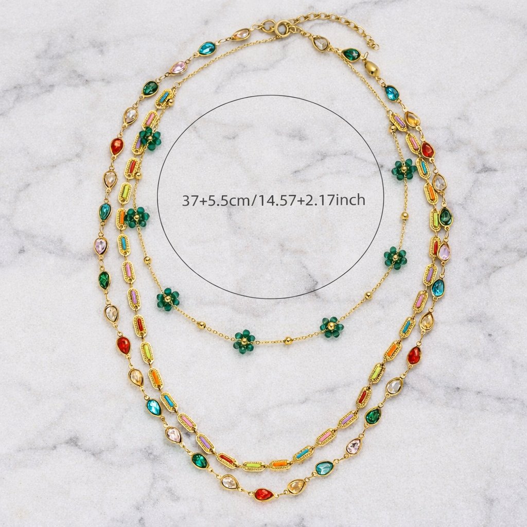 GP21 - Radiant Layered Gemstone Necklace – Triple Chain with Floral Accents