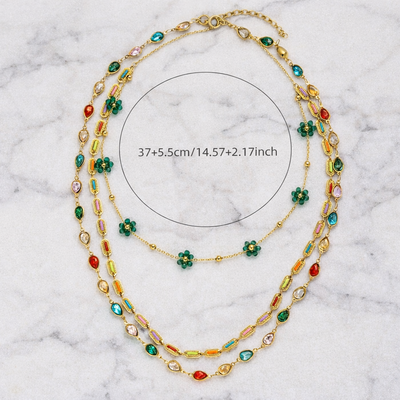GP21 - Radiant Layered Gemstone Necklace – Triple Chain with Floral Accents