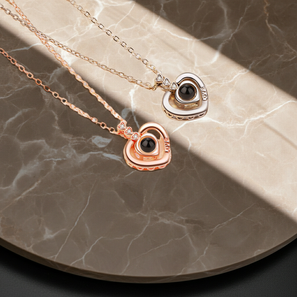 PX25 - Triple/Double Heart Hidden Photo Projection Necklace – Silver / Rose Gold