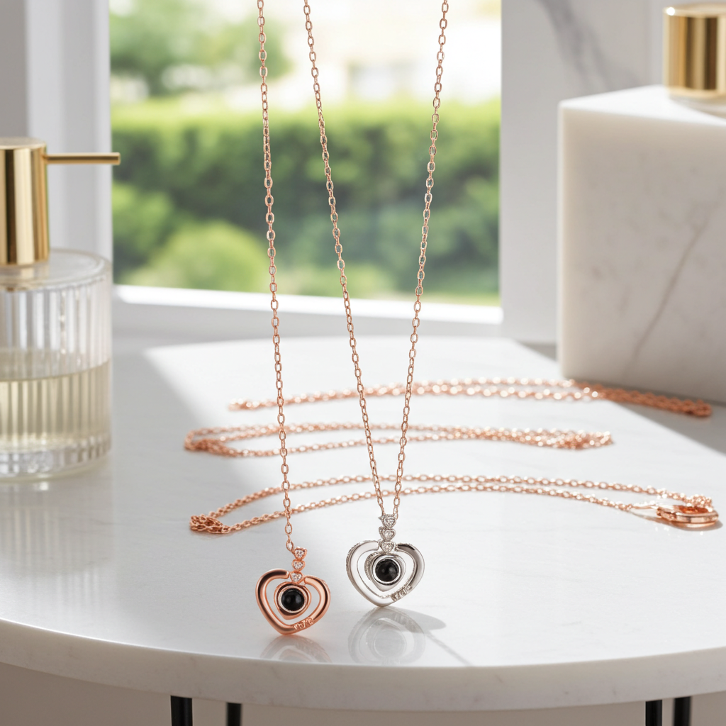 PX25 - Triple/Double Heart Hidden Photo Projection Necklace – Silver / Rose Gold