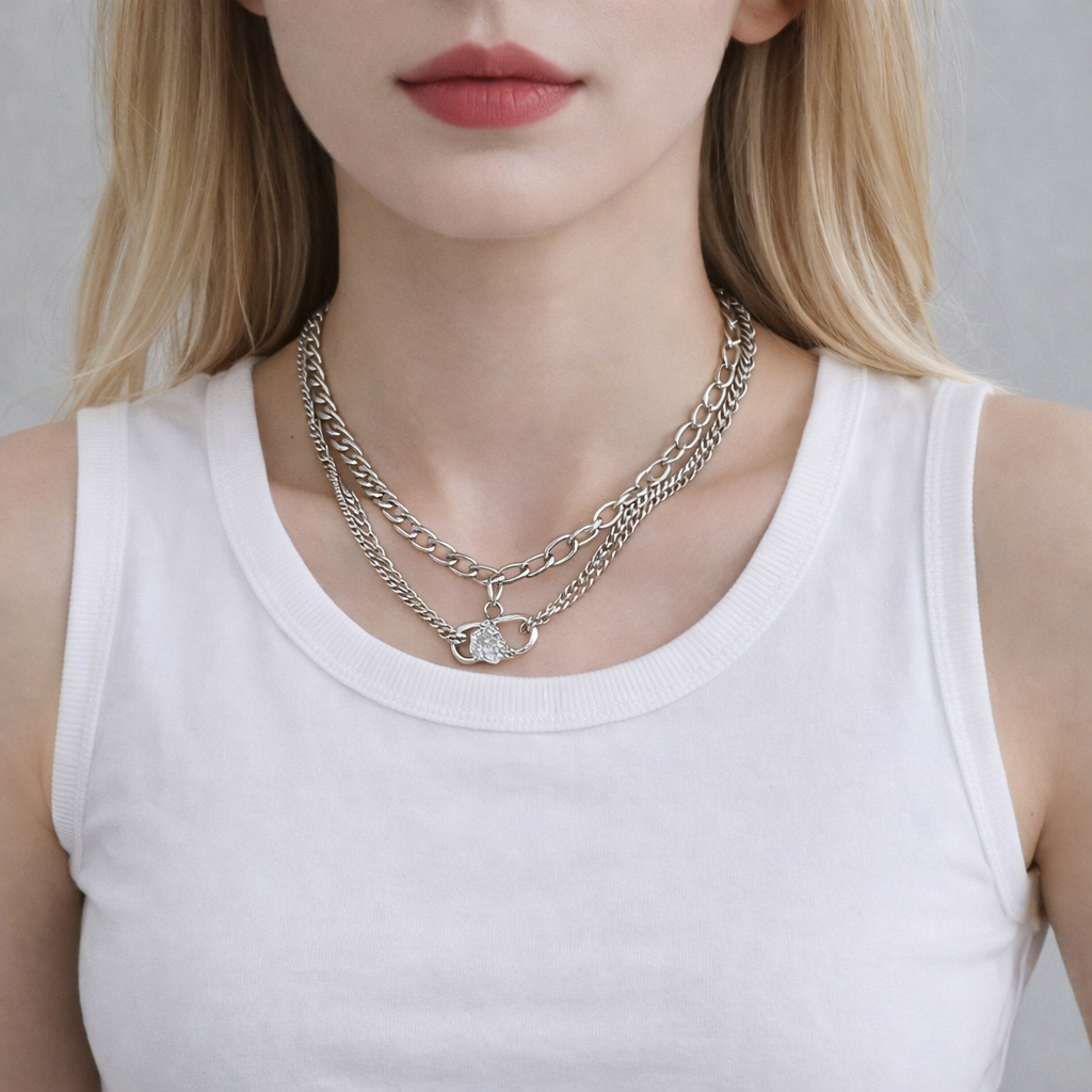 GP02 - Triple-Layer Heart Zircon Chain Necklace