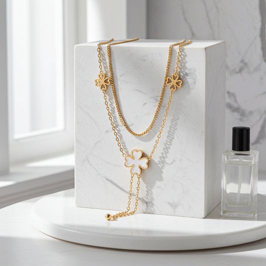 GP63 - Echoya White Heart & Clover Layered Necklace