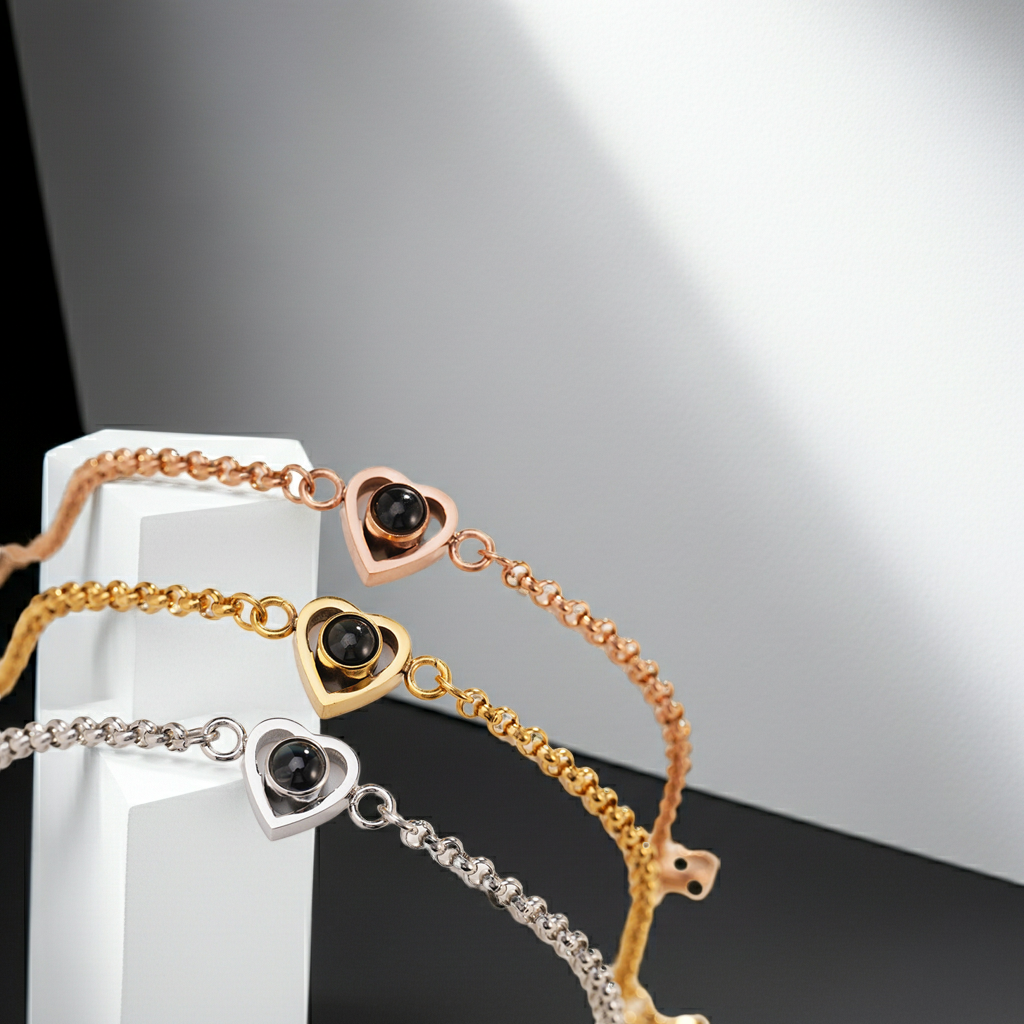 PS01 - Personalized Heart Projection Bracelet – Silver, Rose Gold, Gold Finishes