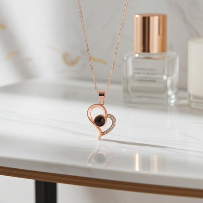 PX09 - Curved Heart Projection Necklace – Custom Hidden Photo Pendant (Silver & Rose Gold)