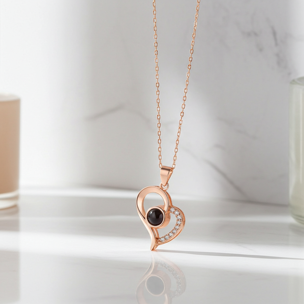 PX09 - Curved Heart Projection Necklace – Custom Hidden Photo Pendant (Silver & Rose Gold)