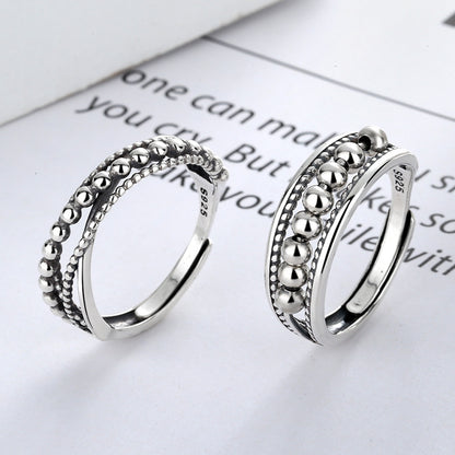 CC09 925 Sterling Silver Beaded Open Ring Set (Pair) – Adjustable Minimalist Couple Rings
