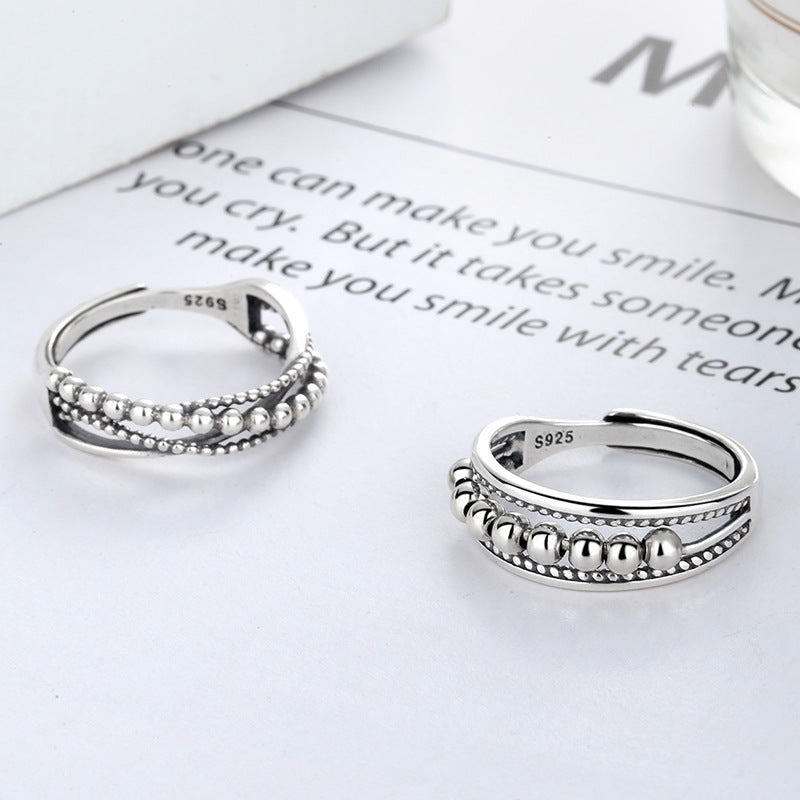 CC09 925 Sterling Silver Beaded Open Ring Set (Pair) – Adjustable Minimalist Couple Rings