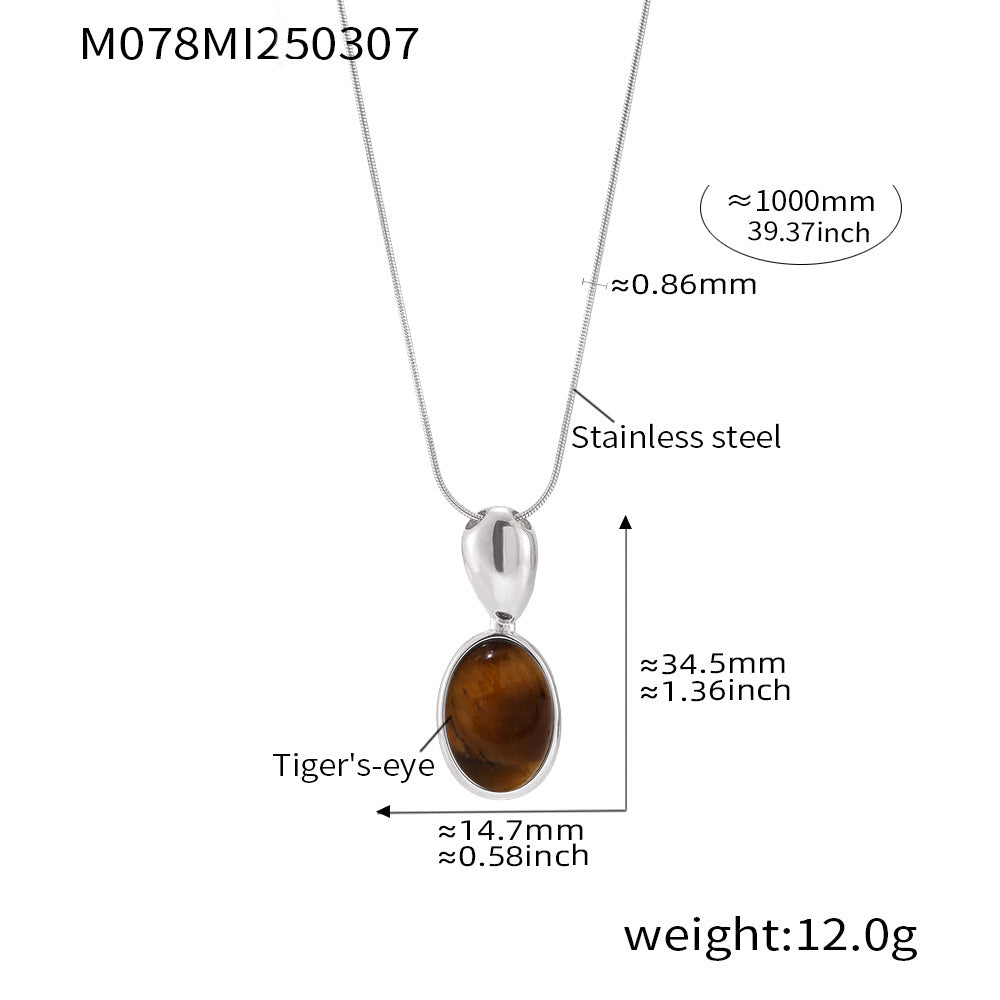 CC14 🌟 Oval Tiger’s Eye & Agate Pendant Necklace – Stainless Steel Long Chain