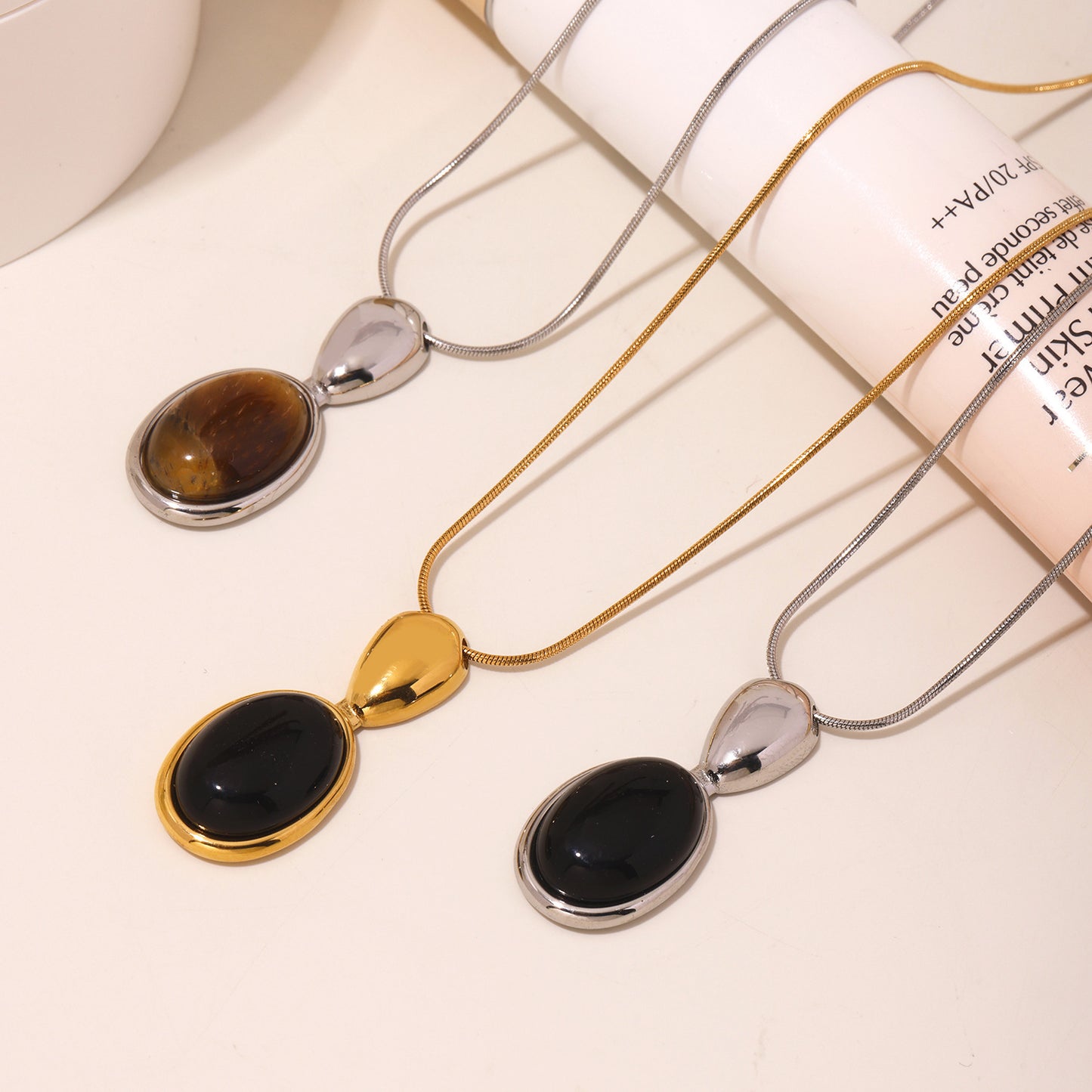 CC14 🌟 Oval Tiger’s Eye & Agate Pendant Necklace – Stainless Steel Long Chain