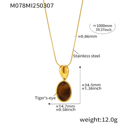 CC14 🌟 Oval Tiger’s Eye & Agate Pendant Necklace – Stainless Steel Long Chain
