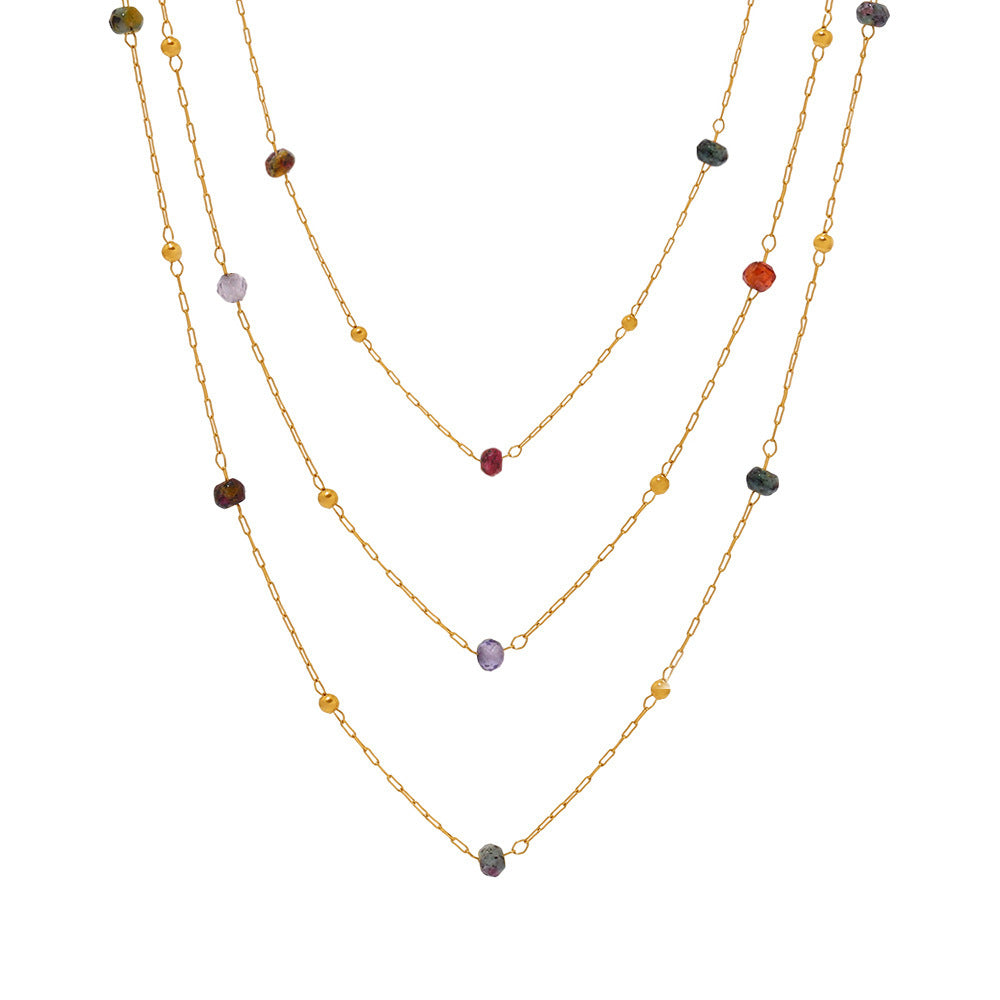 GP07 🌈 Delicate Multicolor Natural Stone Layered Necklace – Stainless Steel with Gold Plating
