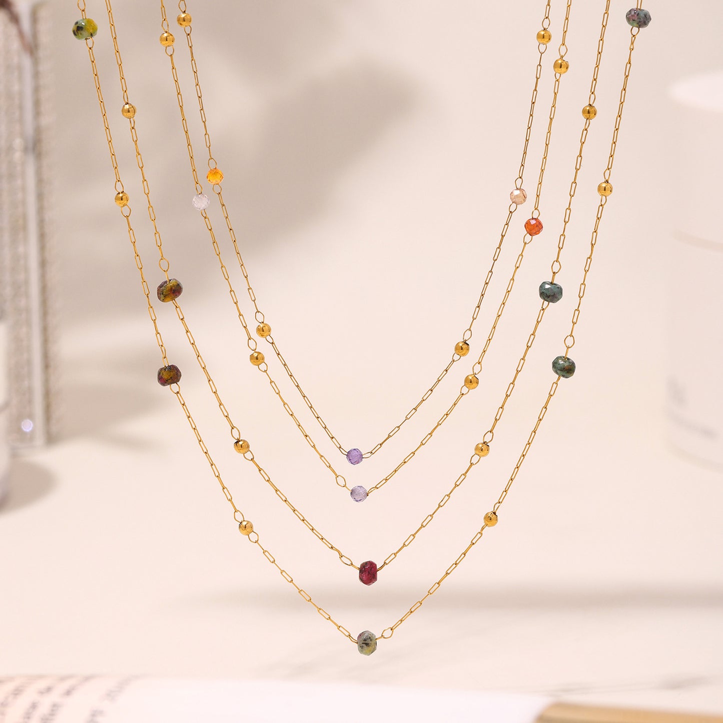 GP07 🌈 Delicate Multicolor Natural Stone Layered Necklace – Stainless Steel with Gold Plating