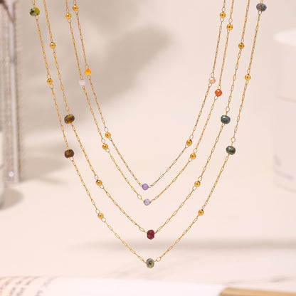 GP07 🌈 Delicate Multicolor Natural Stone Layered Necklace – Stainless Steel with Gold Plating