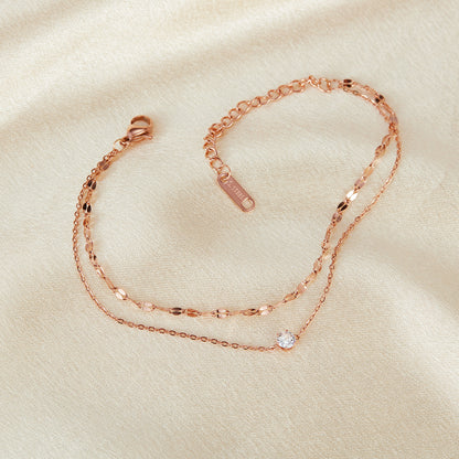 GP16 🌟 Delicate Dual Chain Bracelet with Solitaire Zirconia – Rose Gold & Silver