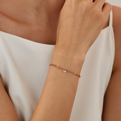 GP16 🌟 Delicate Dual Chain Bracelet with Solitaire Zirconia – Rose Gold & Silver