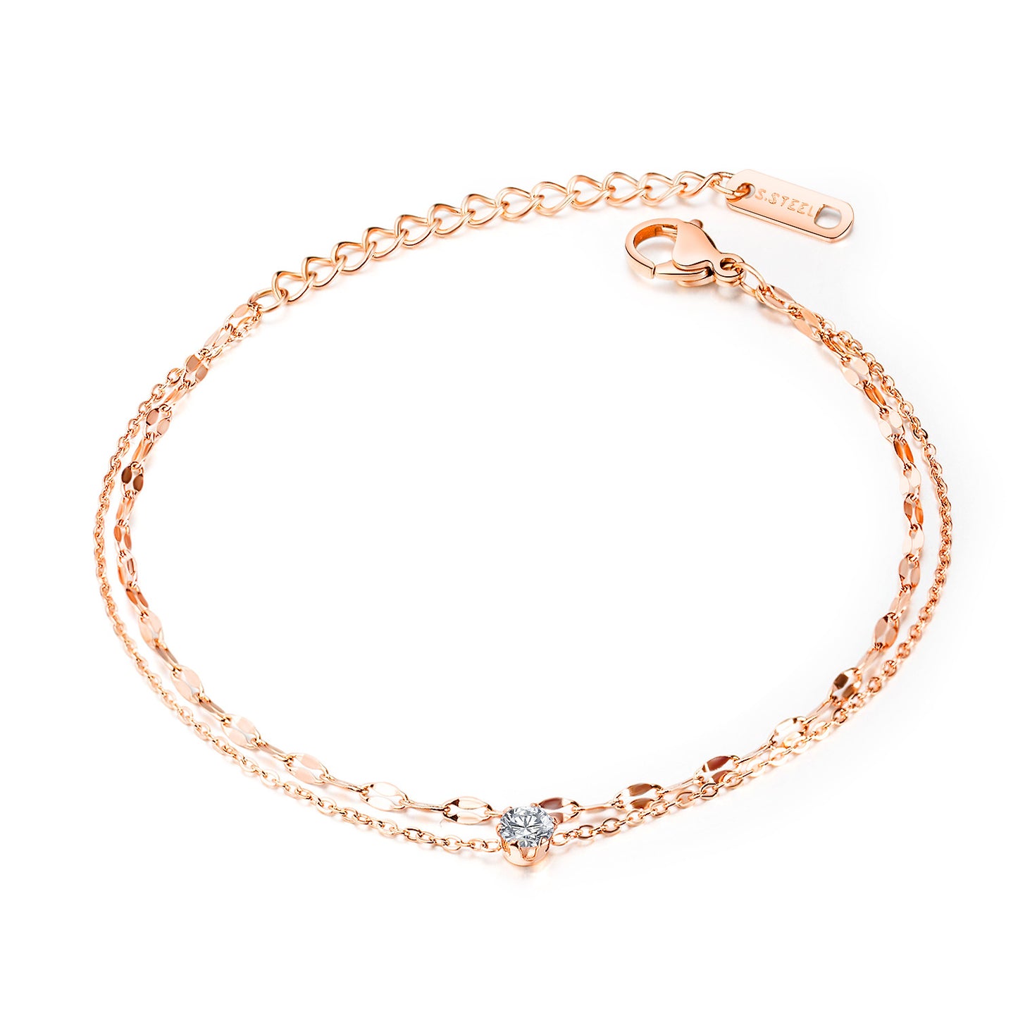 GP16 🌟 Delicate Dual Chain Bracelet with Solitaire Zirconia – Rose Gold & Silver