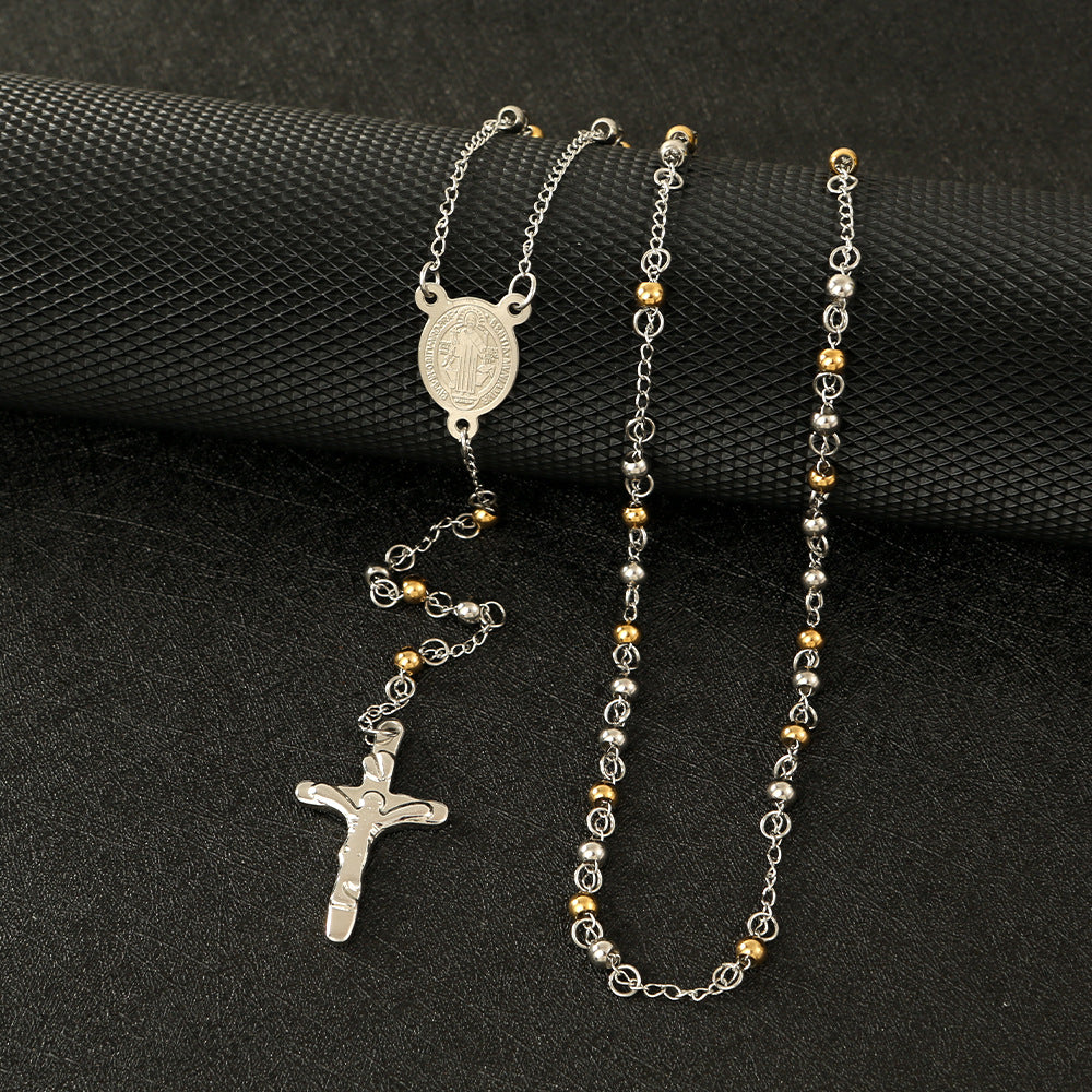 GP18 ✝️ Stainless Steel Rosary Necklace – Saint Benedict Crucifix Design