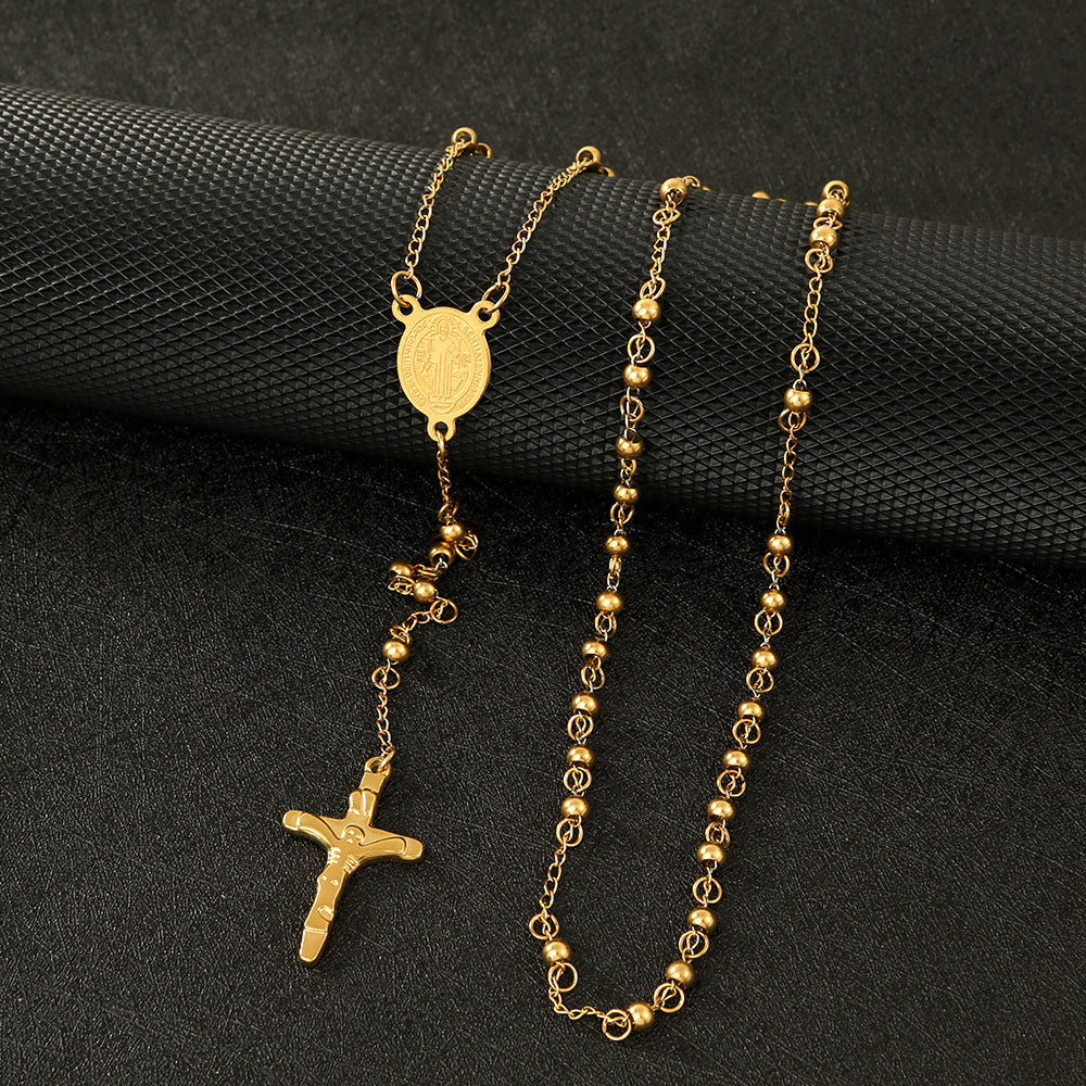 GP18 ✝️ Stainless Steel Rosary Necklace – Saint Benedict Crucifix Design