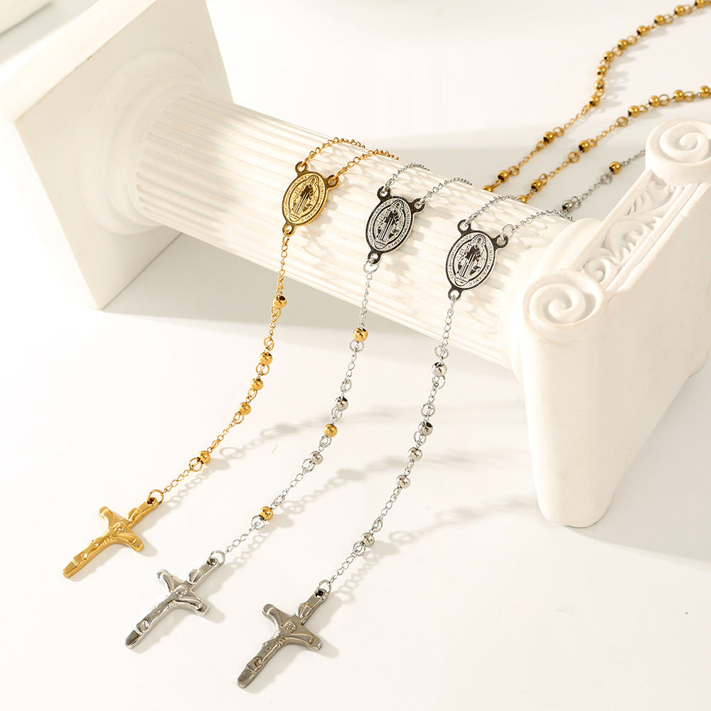 GP18 ✝️ Stainless Steel Rosary Necklace – Saint Benedict Crucifix Design