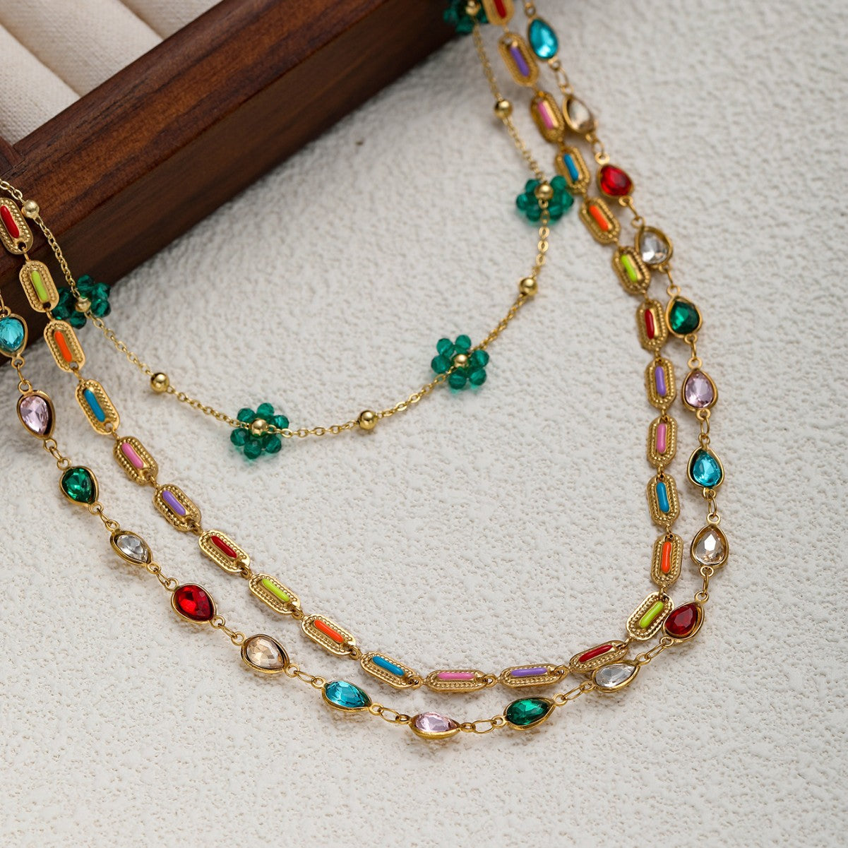 GP21 Radiant Layered Gemstone Necklace – Triple Chain with Floral Accents