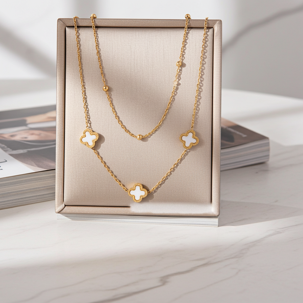 GP63 - Echoya White Heart & Clover Layered Necklace
