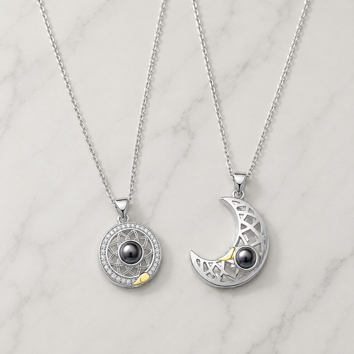 Personalised Sun & Moon Photo Projection Necklace Set