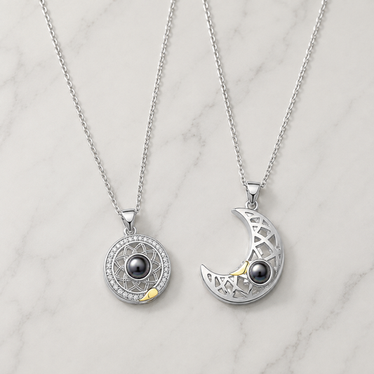 Personalised Sun & Moon Photo Projection Necklace Set