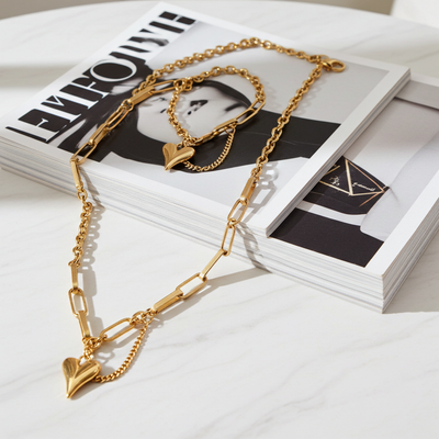 GP11 - Chunky Heart Link Chain Bracelet & Necklace – Bold Love in Every Link