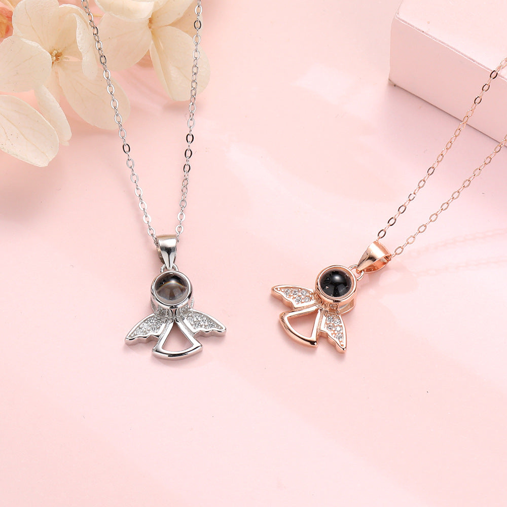PXS100 👼Silver Angel Wings Photo Projection Necklace – A Guardian of Your Memories