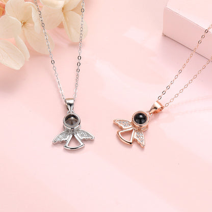 PXS100 👼Silver Angel Wings Photo Projection Necklace – A Guardian of Your Memories