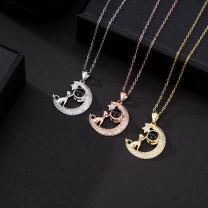 PXS104 “Reach for the Stars” Moon & Dog Photo Projection Necklace – Silver, Gold & Rose Gold