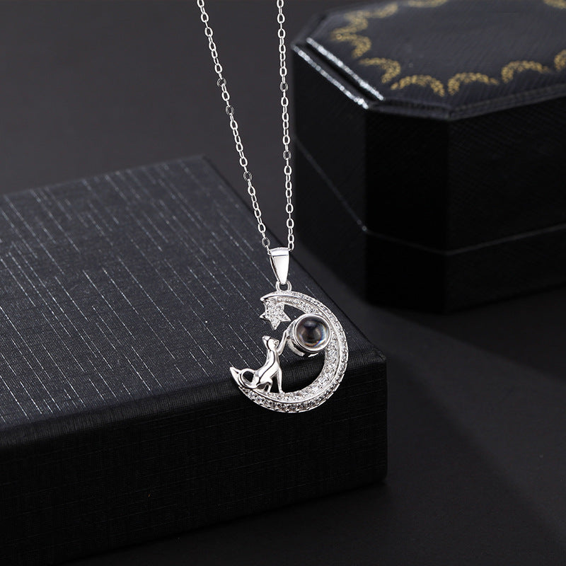 PXS104 “Reach for the Stars” Moon & Dog Photo Projection Necklace – Silver, Gold & Rose Gold