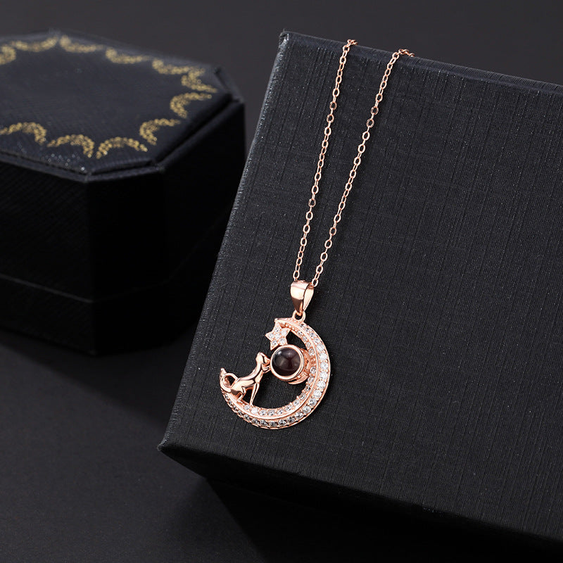 PXS104 “Reach for the Stars” Moon & Dog Photo Projection Necklace – Silver, Gold & Rose Gold