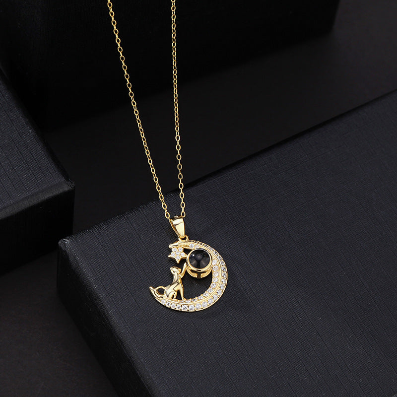 PXS104 “Reach for the Stars” Moon & Dog Photo Projection Necklace – Silver, Gold & Rose Gold