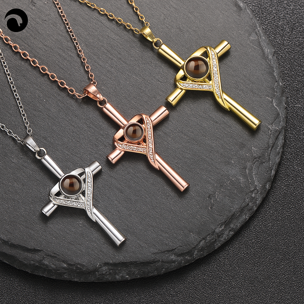 PX11 - Cross & Heart Projection Necklace – Hidden Photo Keepsake (Gold / Silver / Rose Gold)