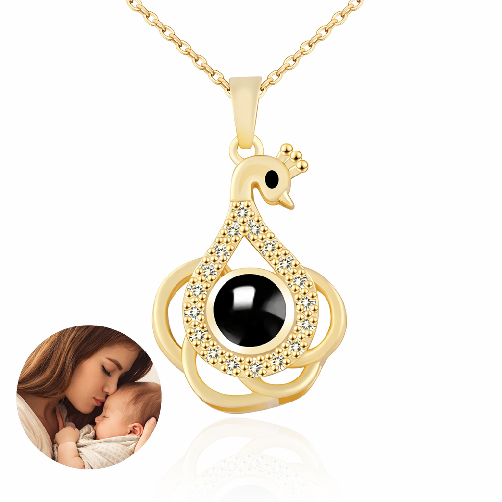 PX01 - Eternal Elegance Peacock Photo Projection Necklace – Gold & Silver